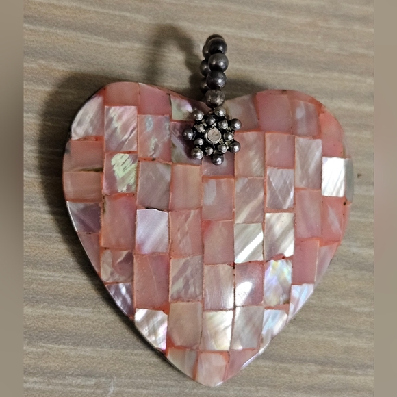 VINTAGE Sterling Silver Sally C Treasures Abalone Shell Reversible Heart Pendant - Picture 6 of 15